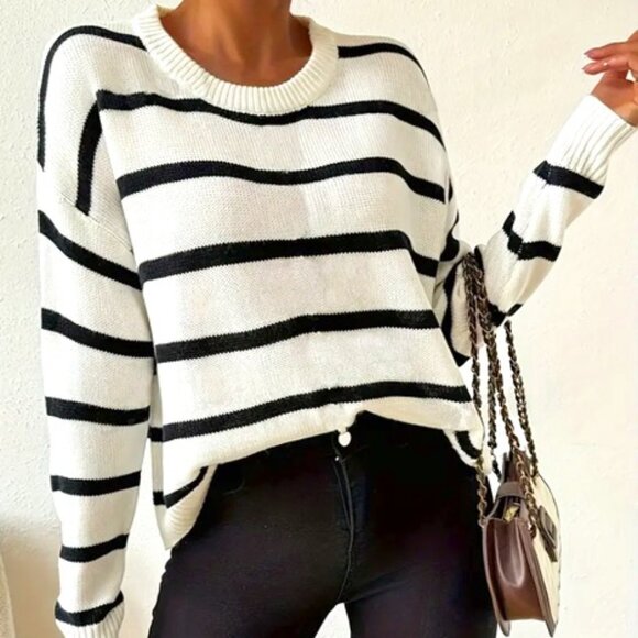 NEW! preppy Commense striped off white black sweater - Picture 1 of 9